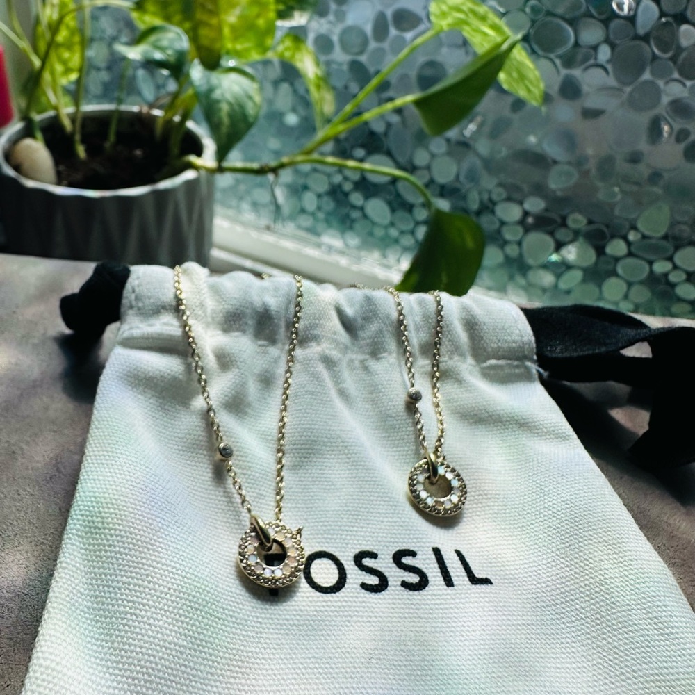 Fossil Gold Crystal Circle Pendant Necklace Duo with matching bracelet set